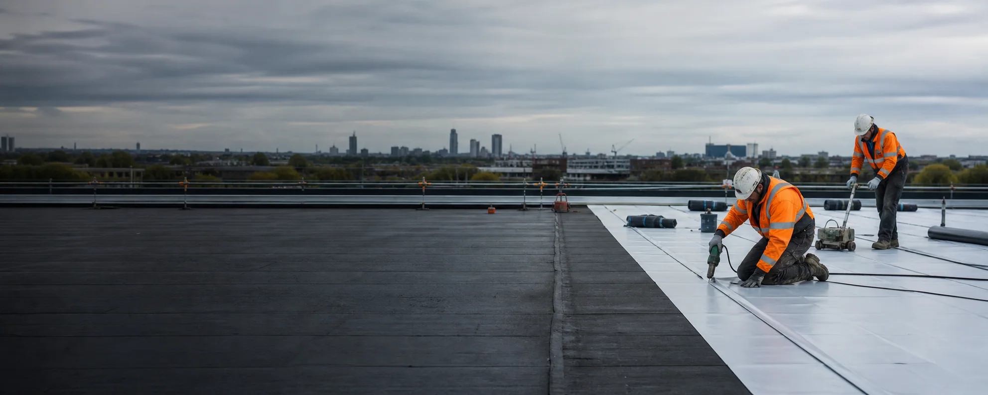 Concept image of a commercial roofing team installing a flat-roof membrane