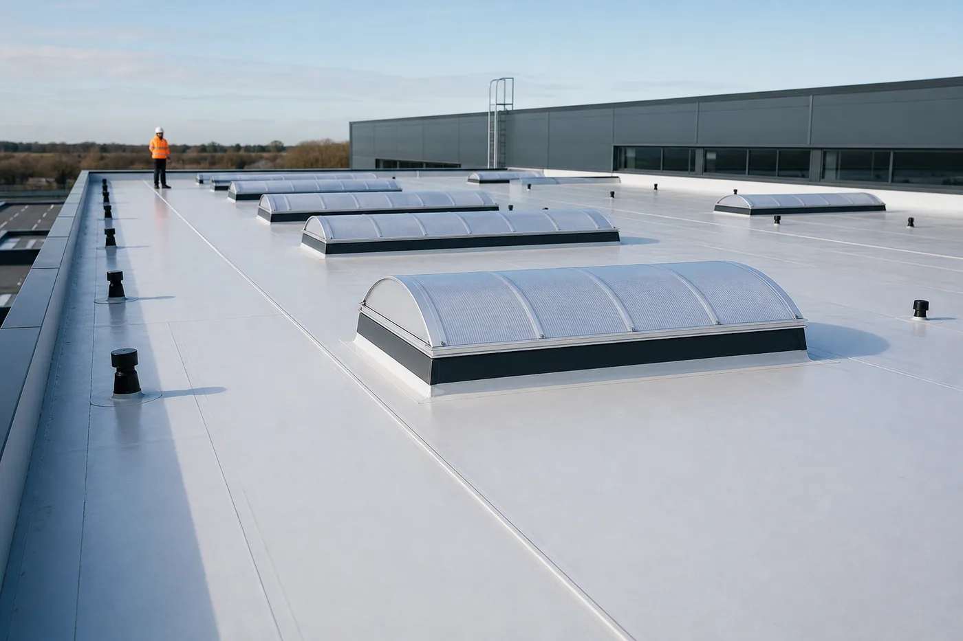 Concept image of a completed single-ply roof with rooflights